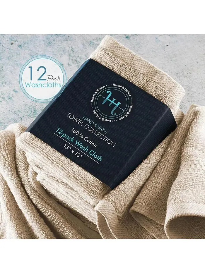 Коллекция банных полотенец Hearth & Harbor из 100% хлопка, 12 шт — изображение 2 из 3, бежевый кремовый