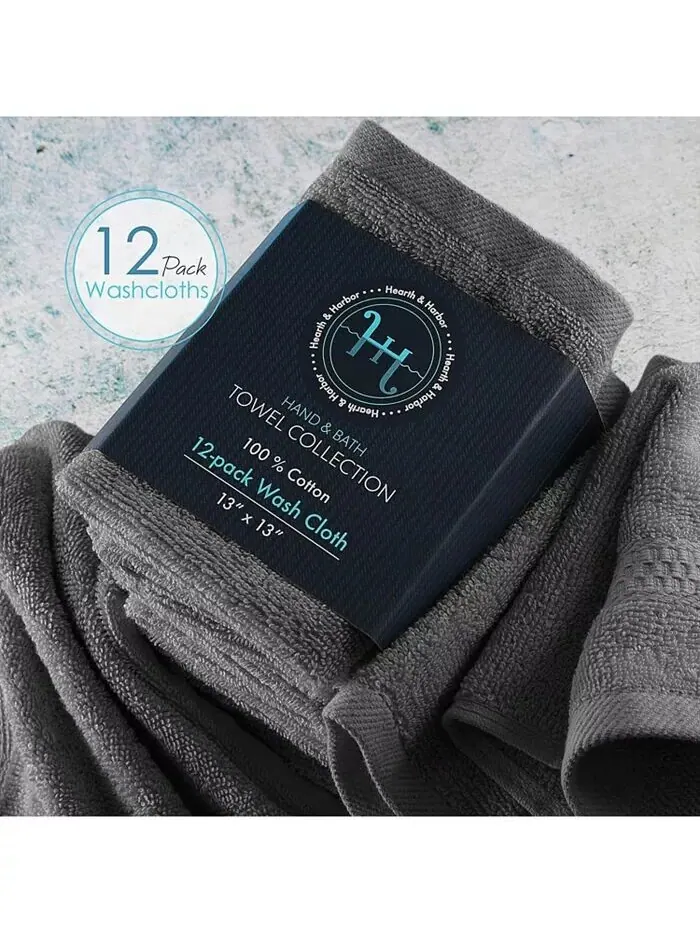 Коллекция банных полотенец Hearth & Harbor из 100% хлопка, 12 шт — изображение 2 из 3, серый