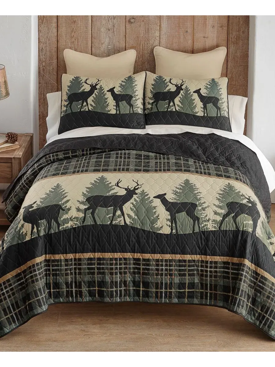 Комплект стеганого покрывала Deer Walk Tranquil 3-Pc., Queen Donna Sharp — изображение 2 из 5, черный зеленый