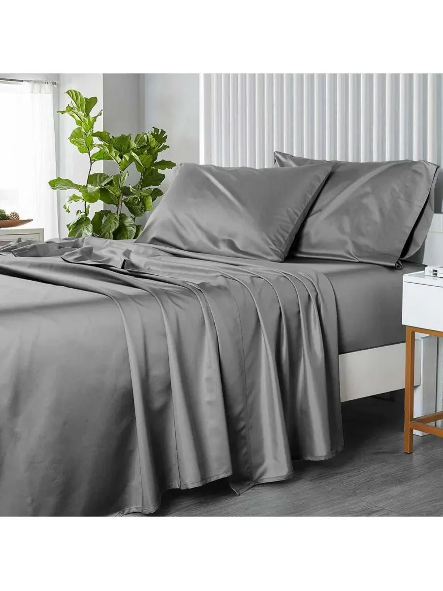Простыня натяжная оверсайз King 305×284 см, 608 нитей, хлопковый сатин Egyptian Linens — изображение 3 из 4, серый