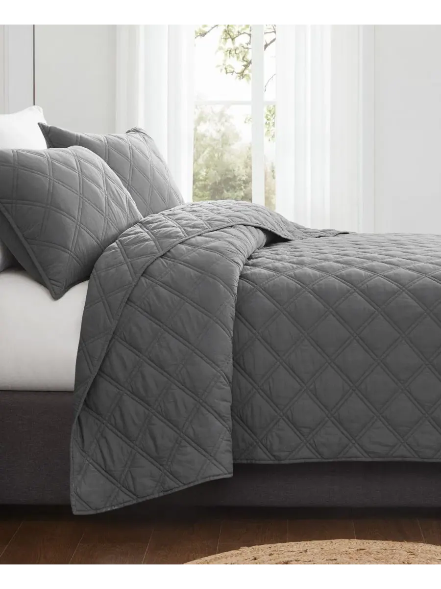 Набор одеял Diamond Washed Cotton из 3 предметов, Full/Queen Brooklyn Loom — изображение 2 из 6, серый