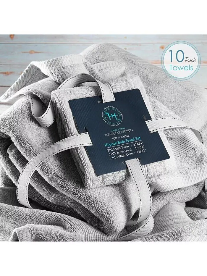 Набор роскошных мягких полотенец Hearth & Harbor из 100% хлопка, 10 шт — изображение 2 из 3, светлый серый