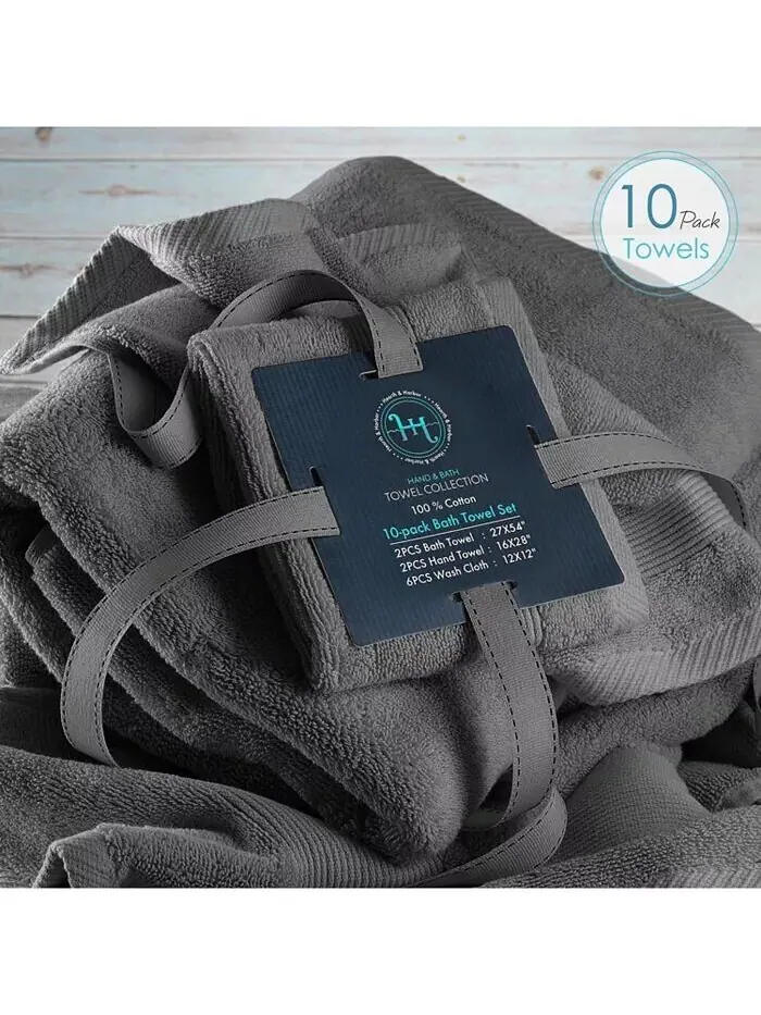 Набор роскошных мягких полотенец Hearth & Harbor из 100% хлопка, 10 шт — изображение 2 из 3, серый
