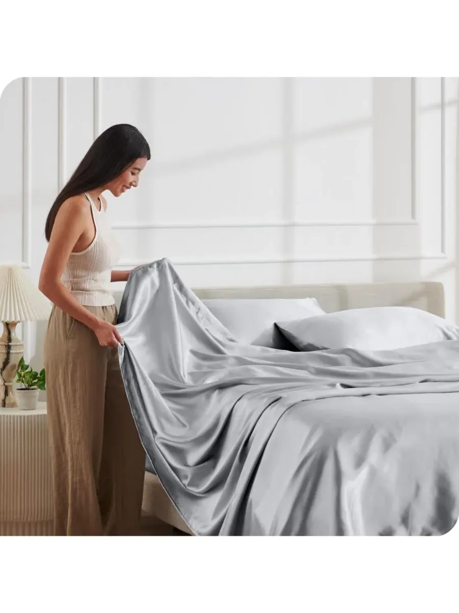 Комплект атласных простыней Bare Home — изображение 4 из 6, серебряный