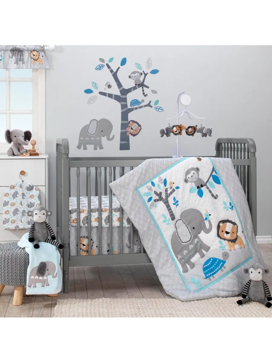 Детский комплект постельного белья для детской кроватки Baby Jungle Fun, серый/синий/белый, слон — серый