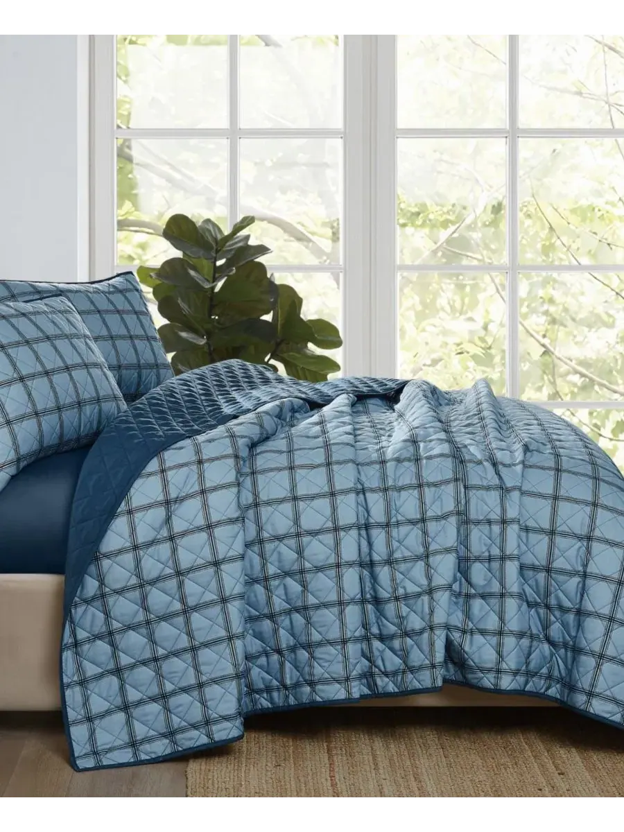 Комплект стеганого покрывала Luka Grid Plaid 2-Piece, Twin/Twin XL Cannon — изображение 2 из 5, синий