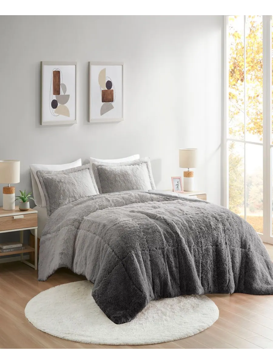 Комплект постельного белья Brielle Ombre из 3 предметов с пушистым искусственным мехом, размер — изображение 2 из 8, серый