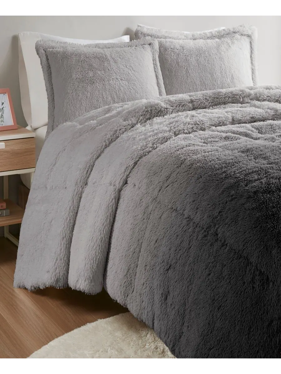 Комплект постельного белья Brielle Ombre из 3 предметов с пушистым искусственным мехом, размер — изображение 3 из 8, серый