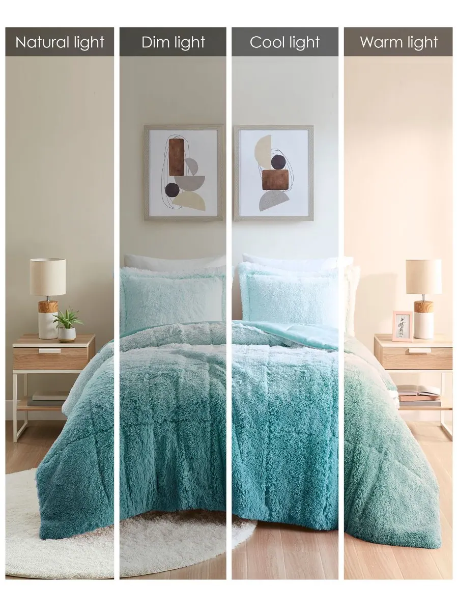 Комплект постельного белья Brielle Ombre из 3 предметов с пушистым искусственным мехом, размер — изображение 7 из 8, синий