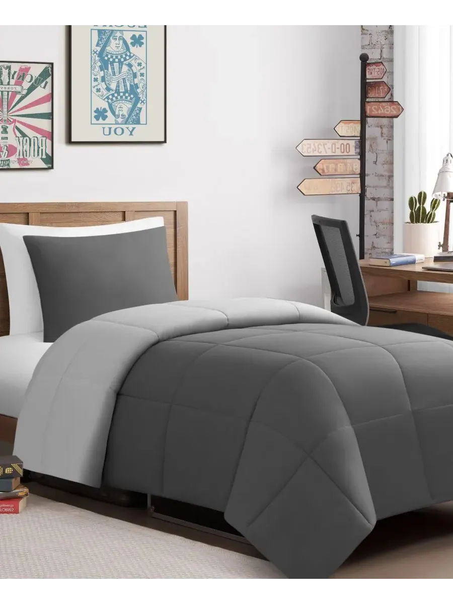 Двустороннее одеяло с квадратной строчкой, 3 предмета, размер Full/Queen Lucky Brand — изображение 1 из 9, серый