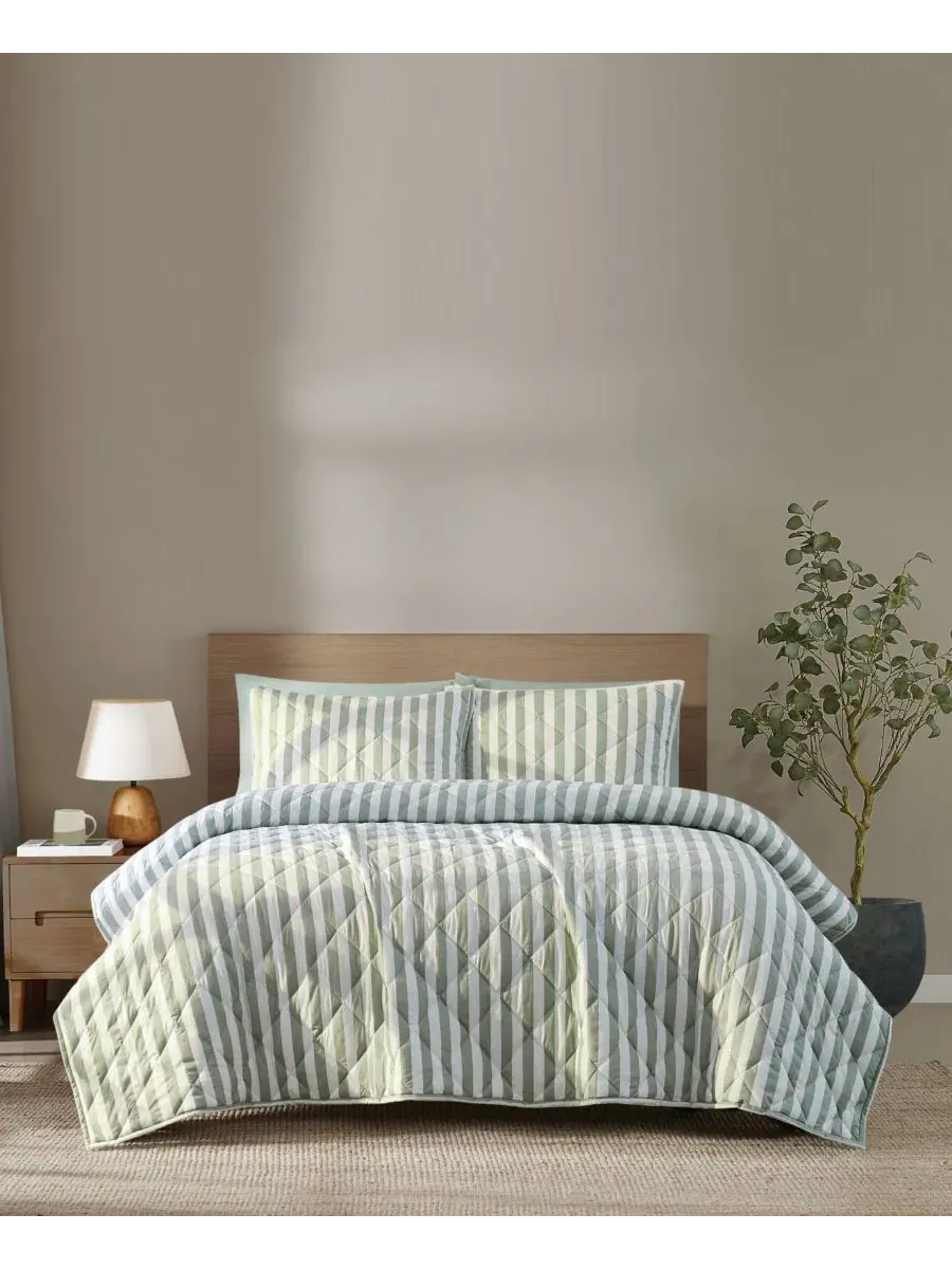 Комплект покрывало и наволочка Levi Stripe, 2 предмета, Twin/Twin XL Brooklyn Loom — изображение 1 из 6, белый зеленый
