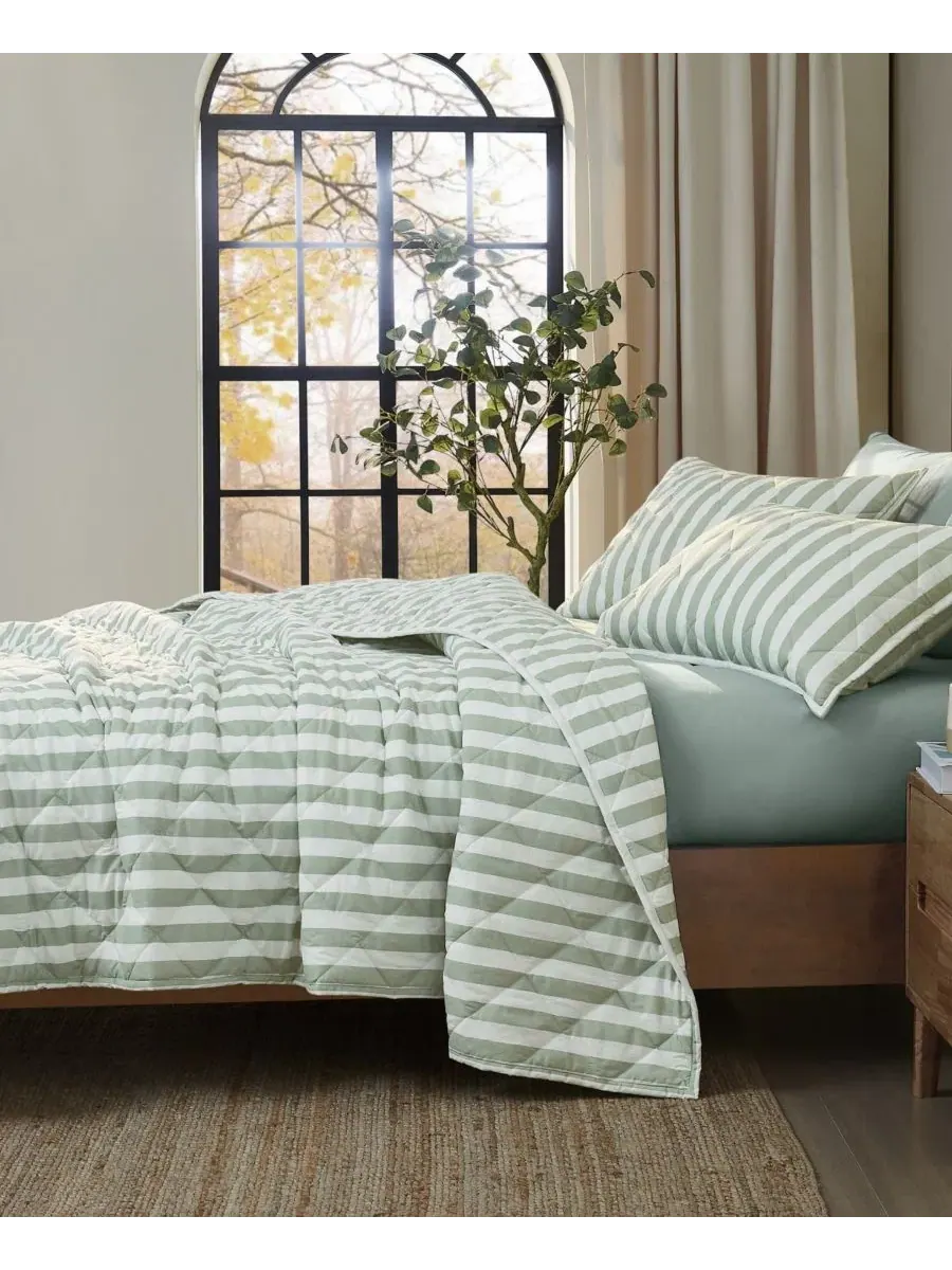 Комплект покрывало и наволочка Levi Stripe, 2 предмета, Twin/Twin XL Brooklyn Loom — изображение 2 из 6, белый зеленый