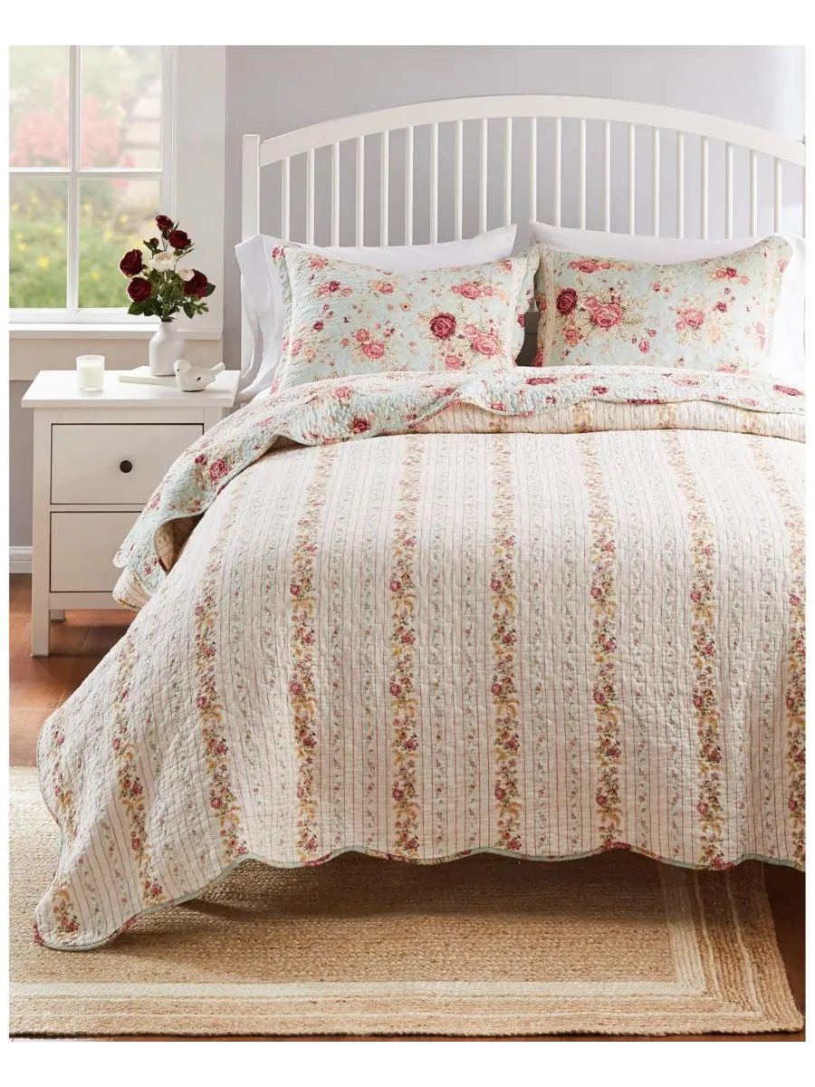 Комплект из 5 двусторонних стеганых одеял «Античная роза», 100% хлопок Greenland Home Fashions — изображение 4 из 5, синий