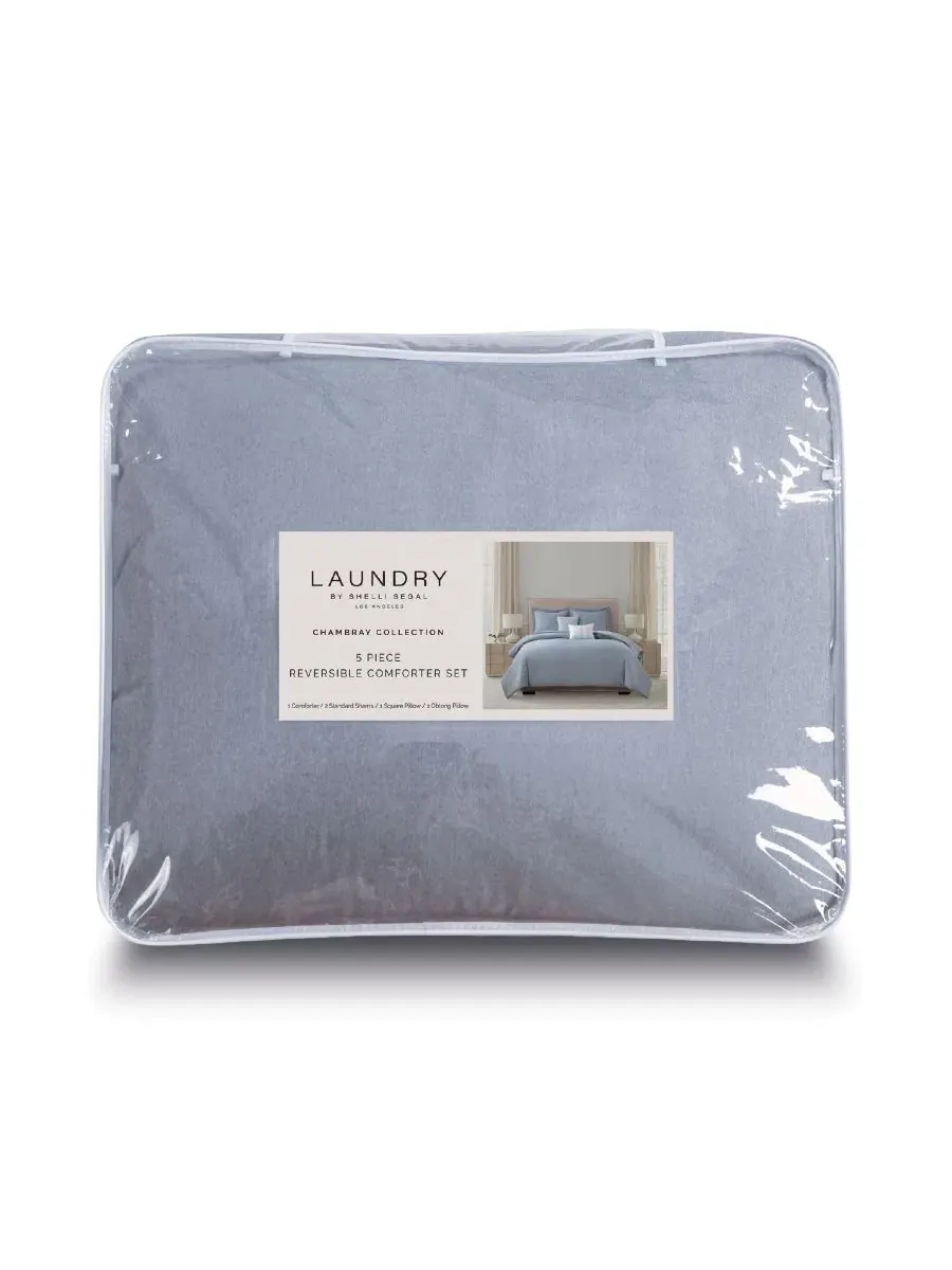 Комплект постельного белья 5 предметов Chambray with Reverse Stripe Laundry — изображение 8 из 8, синий