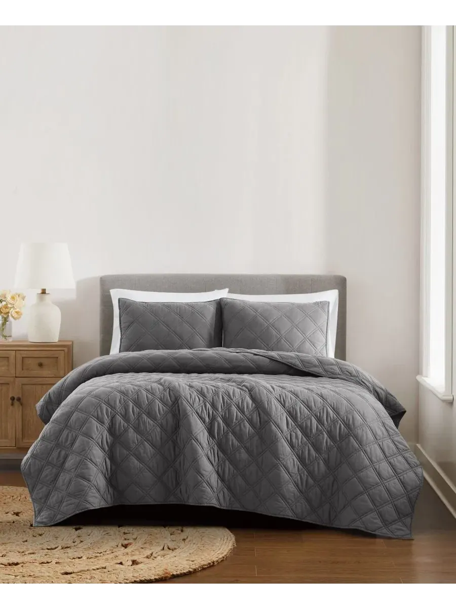 Стеганое одеяло из хлопка Diamond Washed Cotton 2-предметный комплект, Twin/Twin XL Brooklyn Loom — изображение 1 из 6, серый