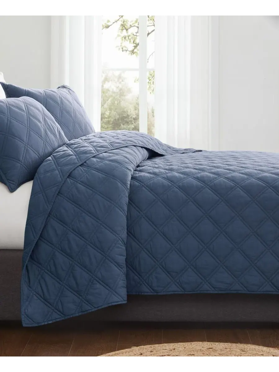 Стеганое одеяло Diamond Washed Cotton 2-предметный комплект, Twin/Twin XL Brooklyn Loom — изображение 2 из 6, синий