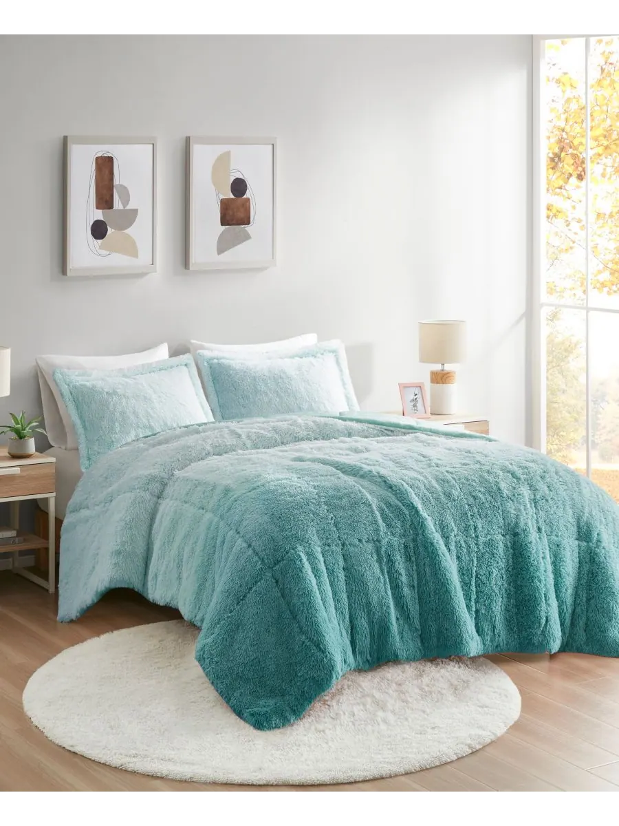 Комплект постельного белья Brielle Ombre из 2 предметов с пушистым искусственным мехом, размер — изображение 2 из 8, синий