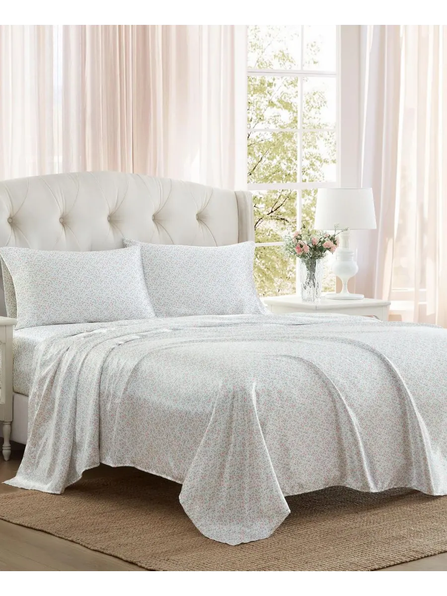 Комплект постельного белья из атласа с принтом, 4 предмета, размер Queen Laura Ashley — изображение 2 из 5, розовый