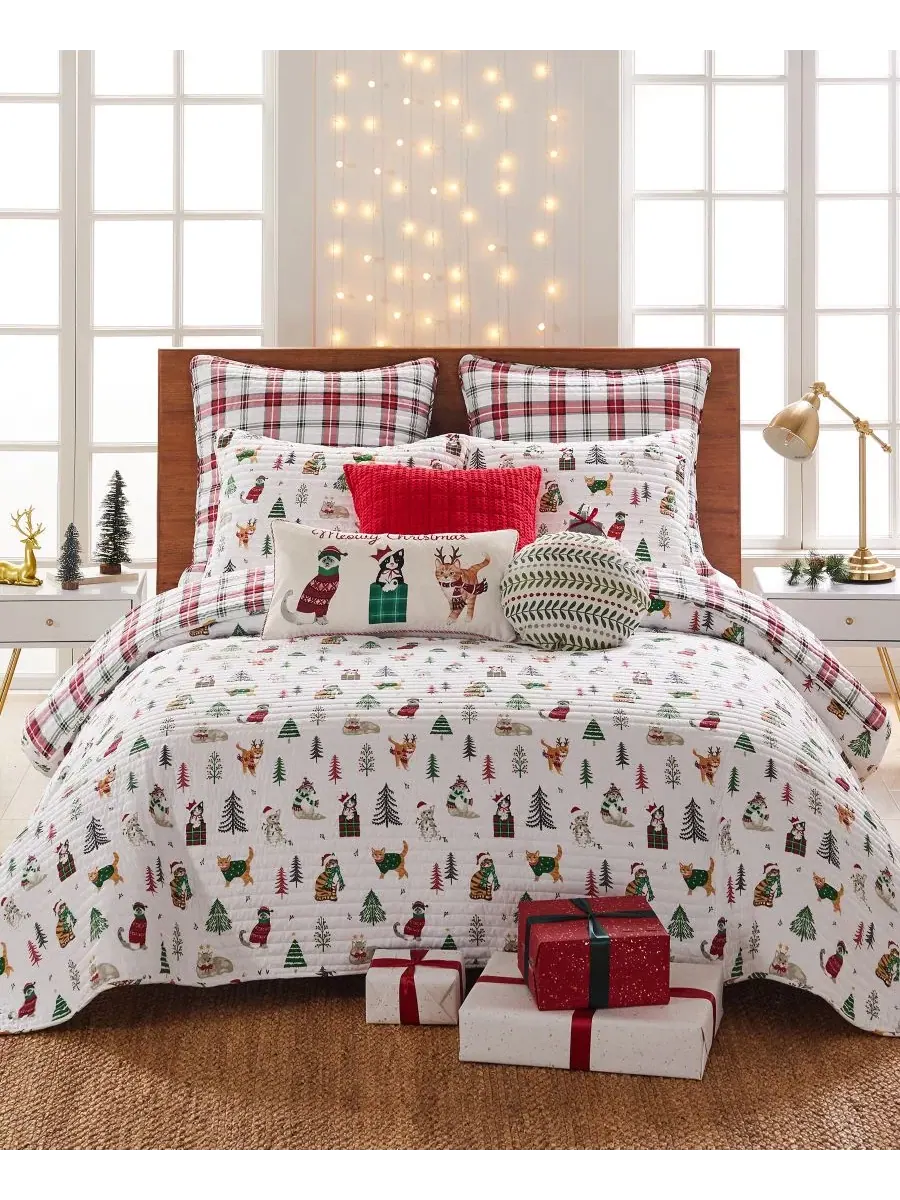 Комплект стеганого покрывала с наволочкой Meowy Christmas Reversible, Twin/Twin XL Levtex Home