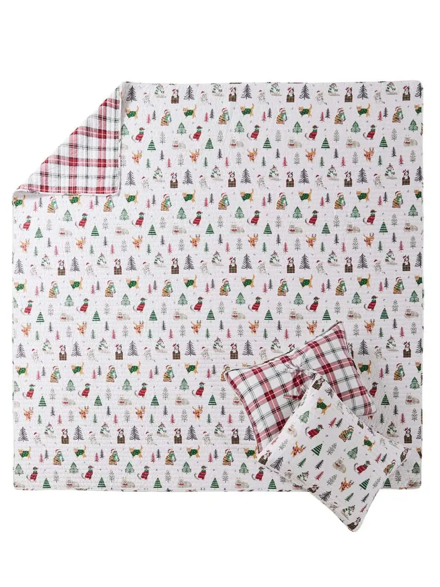 Комплект стеганого покрывала с наволочкой Meowy Christmas Reversible, Twin/Twin XL Levtex Home — изображение 2 из 7, белый