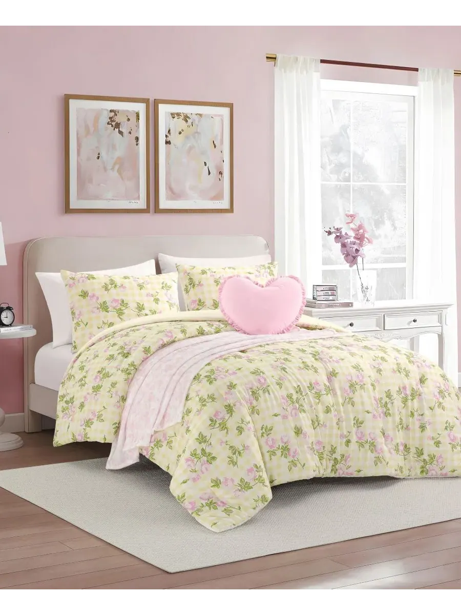 Комплект постельного белья 5 предметов с принтом Gingham Rose Betsey Johnson — изображение 2 из 12, желтый розовый