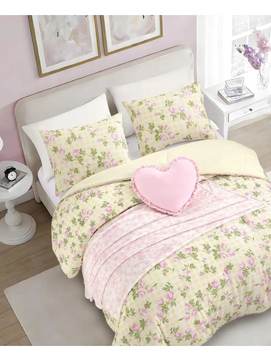 Комплект постельного белья 5 предметов с принтом Gingham Rose Betsey Johnson — изображение 3 из 12, желтый розовый