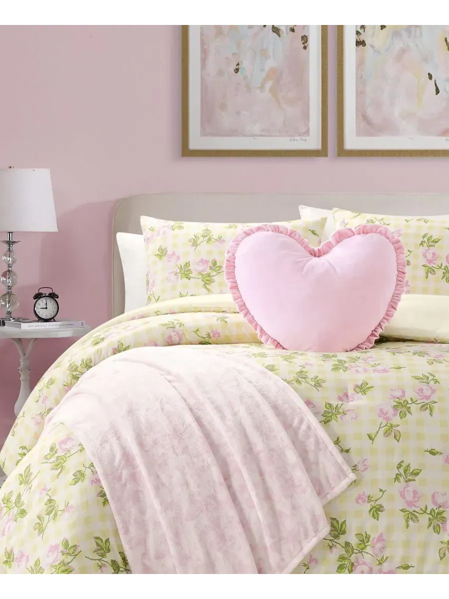 Комплект постельного белья 5 предметов с принтом Gingham Rose Betsey Johnson — изображение 4 из 12, желтый розовый