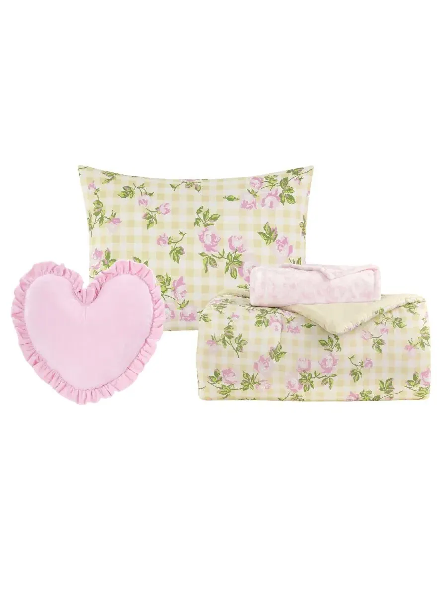 Комплект постельного белья 5 предметов с принтом Gingham Rose Betsey Johnson — изображение 9 из 12, желтый розовый