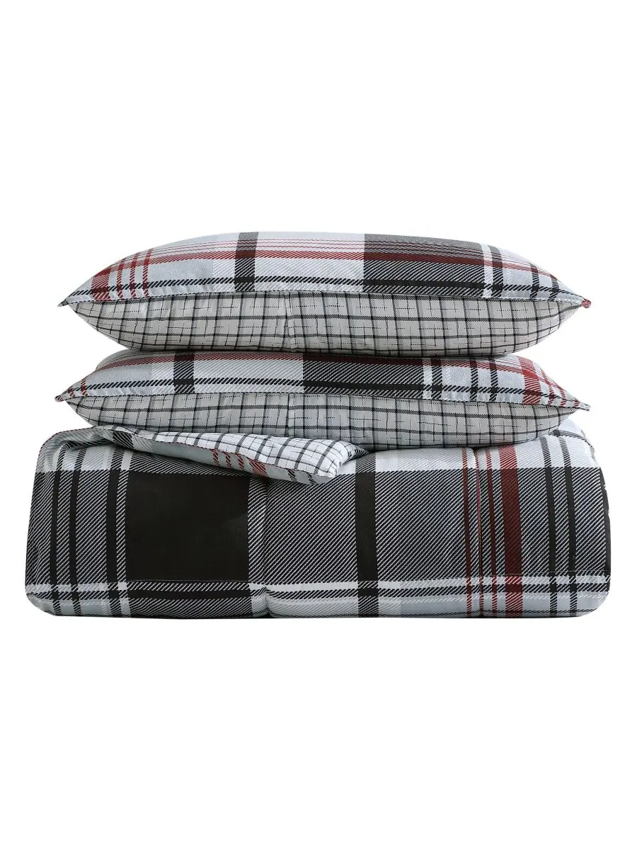 Комплект постельного белья Normandy Plaid Micro Suede Down Alternative из 3 предметов — изображение 3 из 10, черный красный