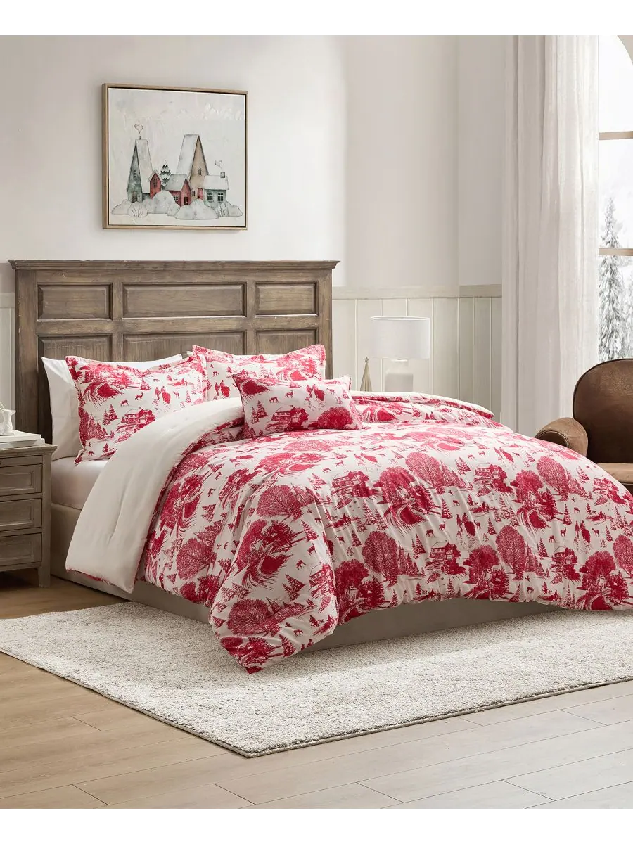 Комплект постельного белья Toile Holiday из 4 предметов, размер Full/Queen Hallmark Bedding — изображение 2 из 7, красный