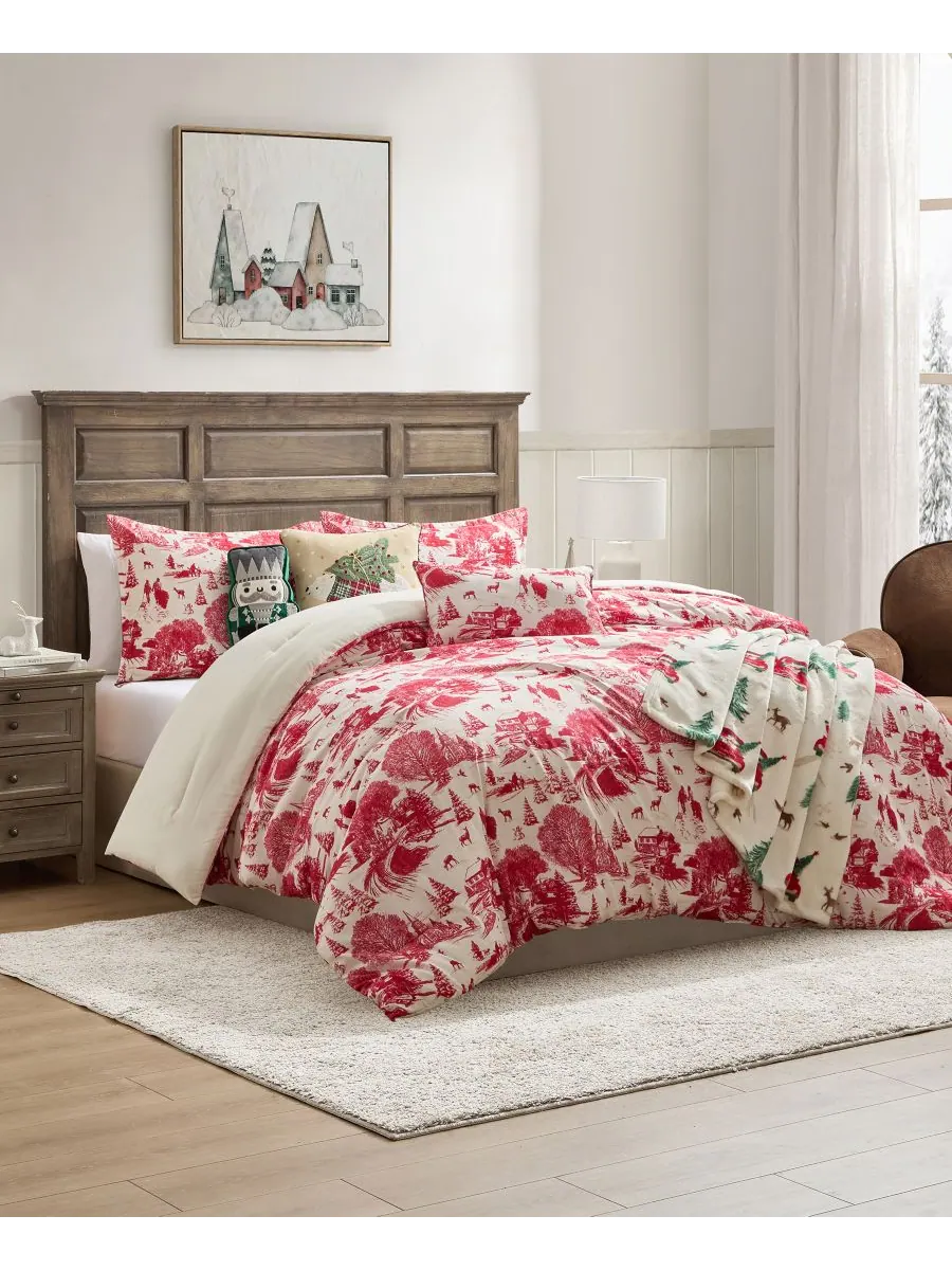 Комплект постельного белья Toile Holiday из 4 предметов, размер Full/Queen Hallmark Bedding — изображение 7 из 7, красный