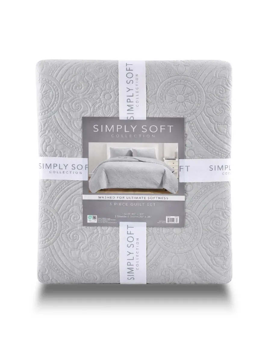 Комплект стеганого покрывала с медальонной строчкой, 3 предмета, Full/Queen Simply Soft — изображение 6 из 6, серый