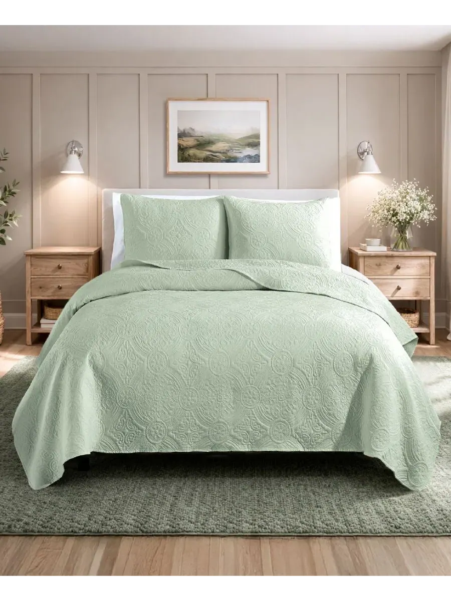 Стеганый комплект постельного белья Mischa Medallion Stitch Simply Soft, Mint Sage — без цвета
