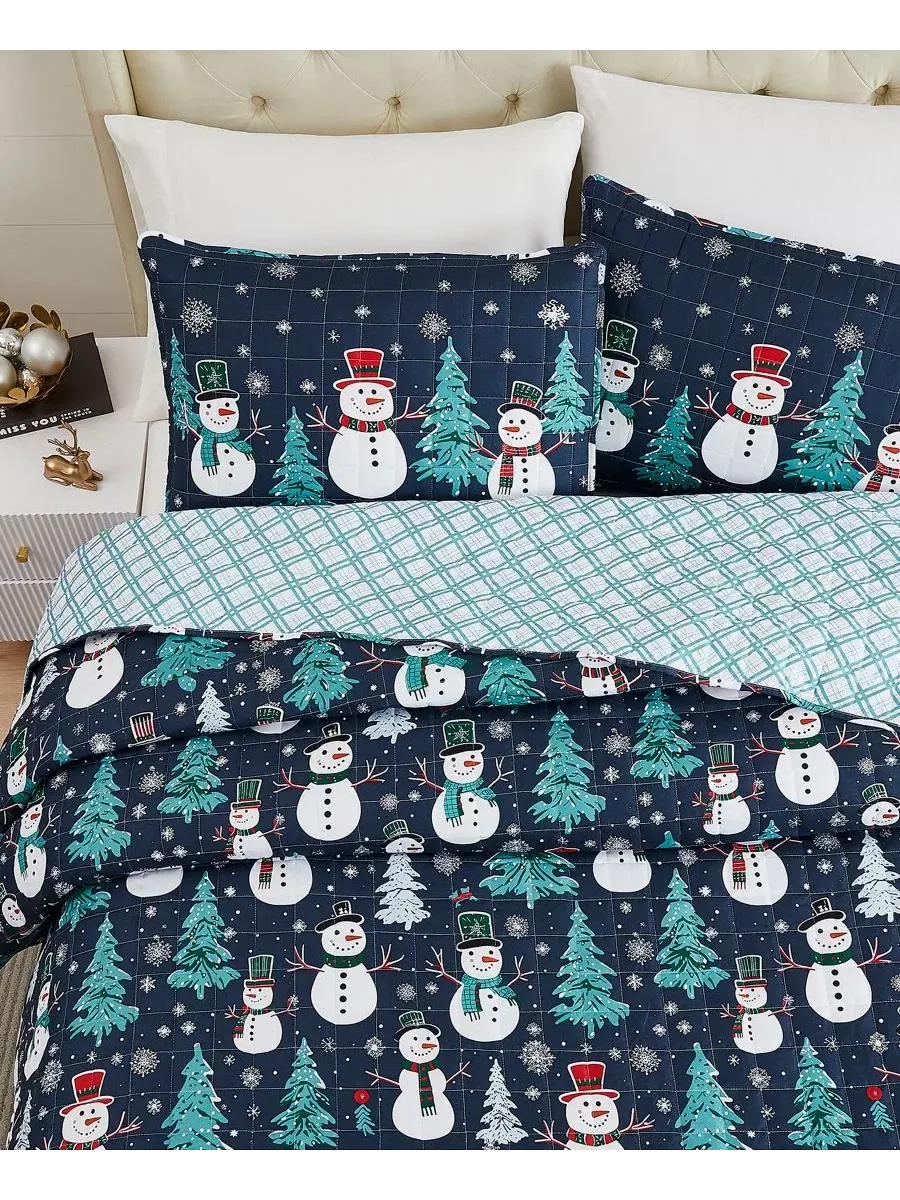 Набор стеганых одеял Snowman Reversible 3-Pc. Quilt Set, Full/Queen Avanti — изображение 3 из 4, синий