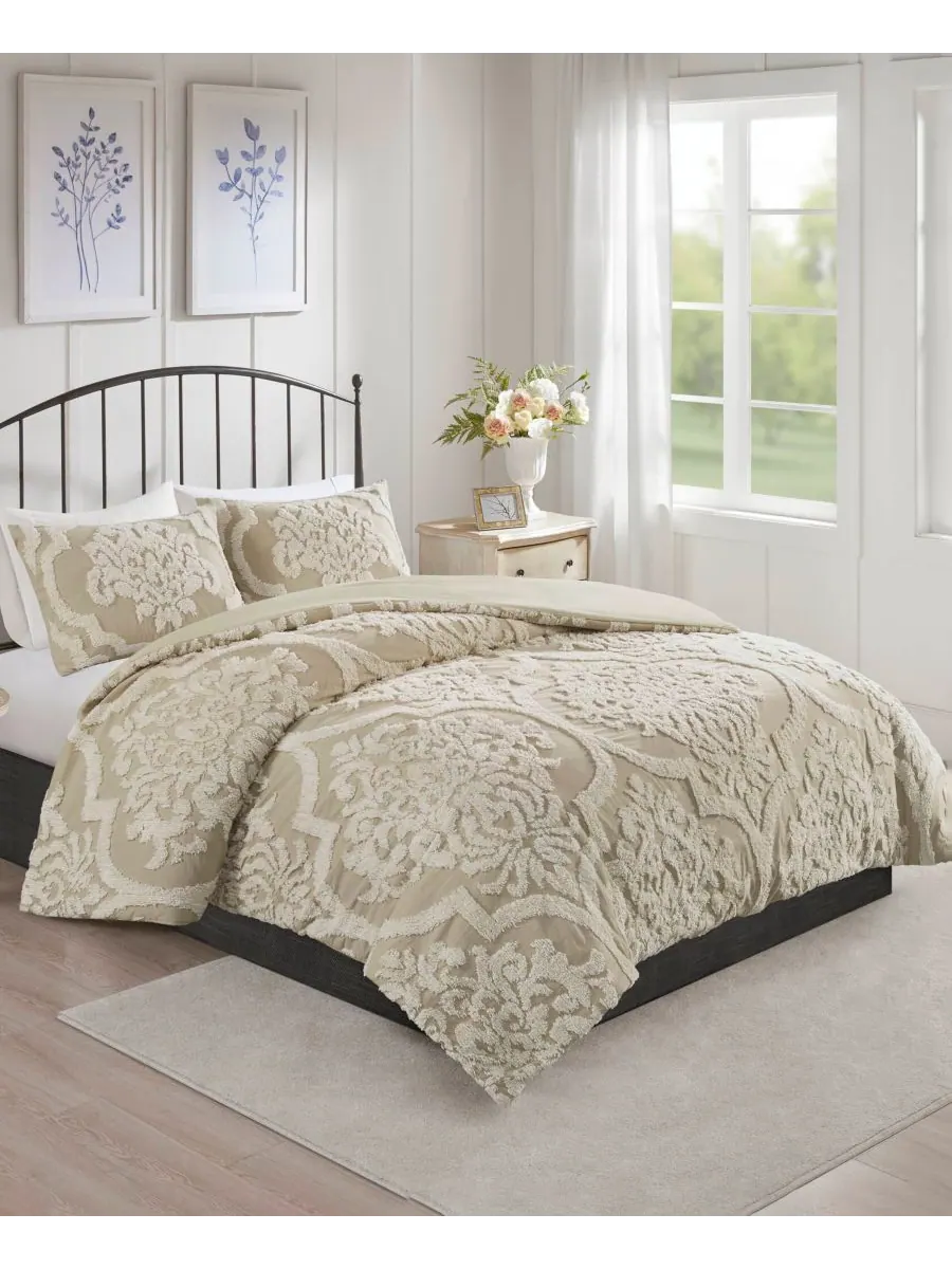 Комплект постельного белья Viola Damask Tufted из 3 предметов, размер Full/Queen Madison Park — изображение 2 из 9, тауп