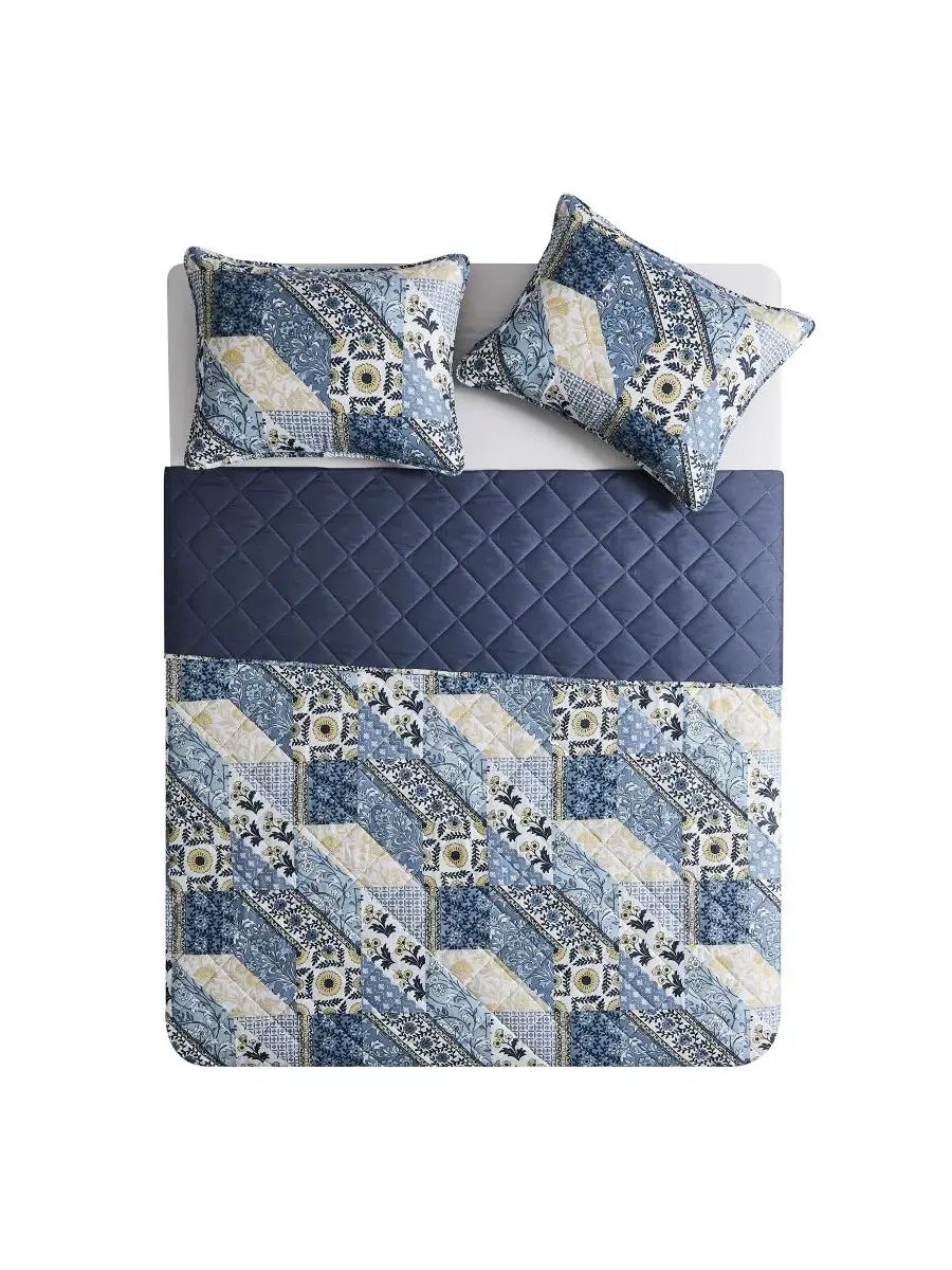 Стеганое покрывало Joel Patchwork с принтом, 3 предмета VCNY Home — изображение 3 из 5, синий
