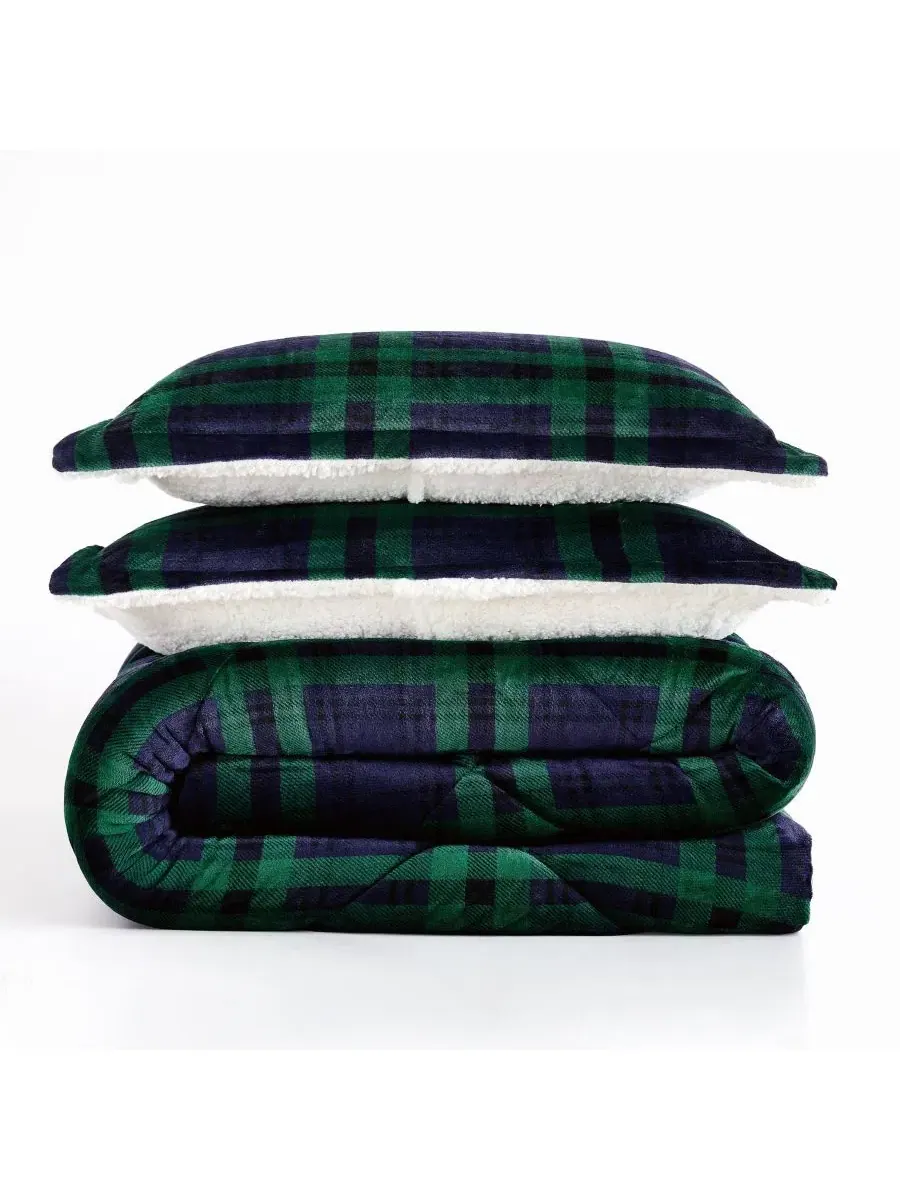 Комплект стеганого пледа с узором тартан, 2 предмета, Twin/Twin XL Truly Soft — изображение 4 из 4, синий зеленый