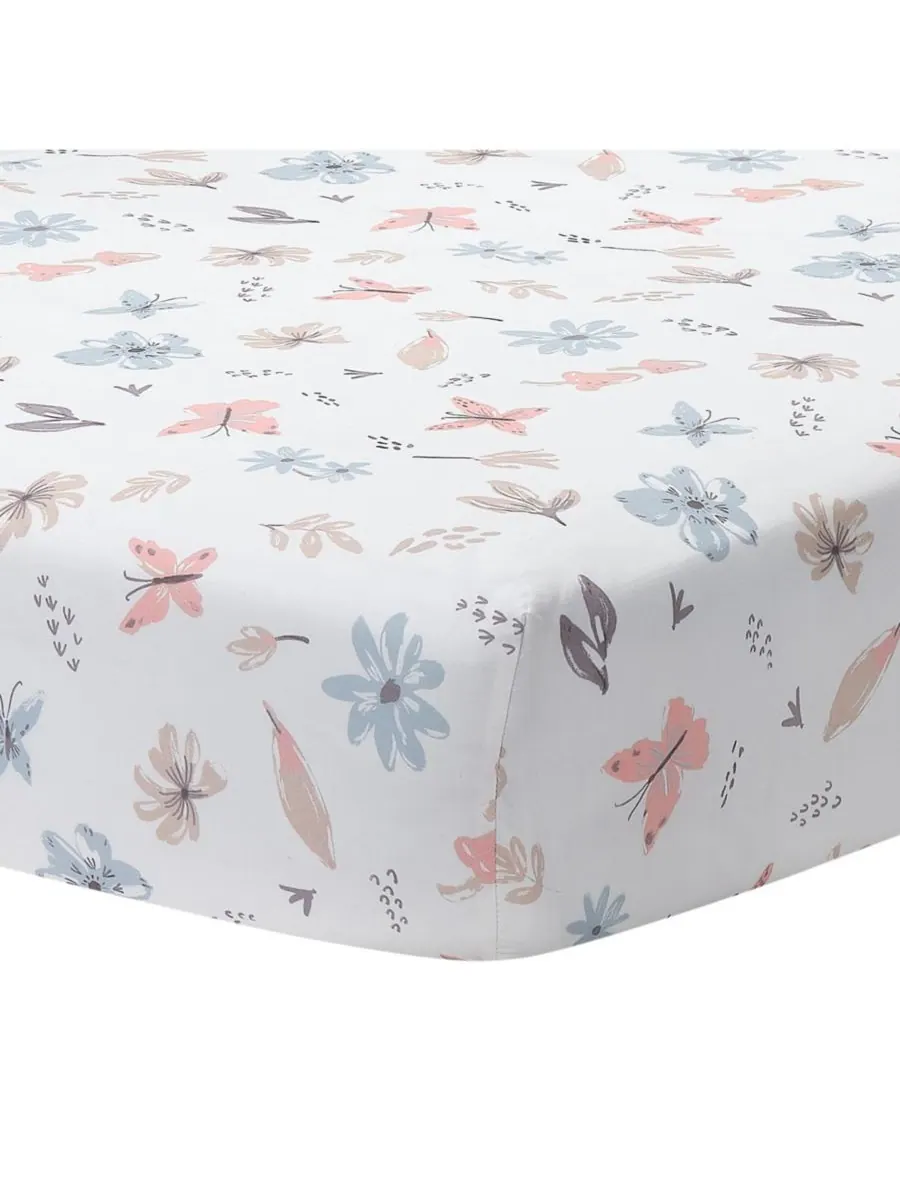 Хлопковая простынь для детской кроватки Baby Blooms с акварельным цветочным и бабочковым рисунком