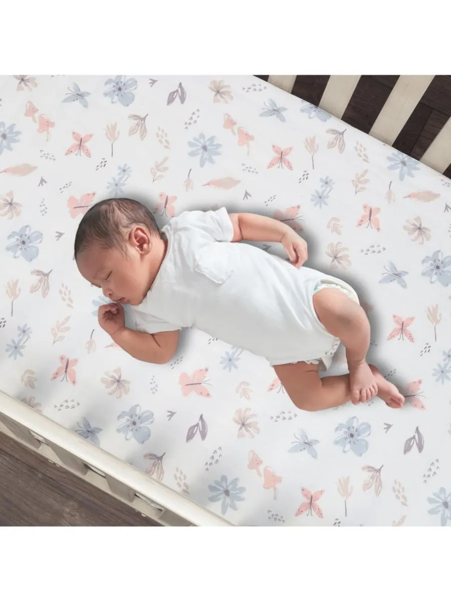 Хлопковая простынь для детской кроватки Baby Blooms с акварельным цветочным и бабочковым рисунком — изображение 2 из 5