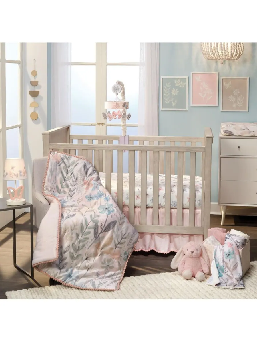 Хлопковая простынь для детской кроватки Baby Blooms с акварельным цветочным и бабочковым рисунком — изображение 4 из 5