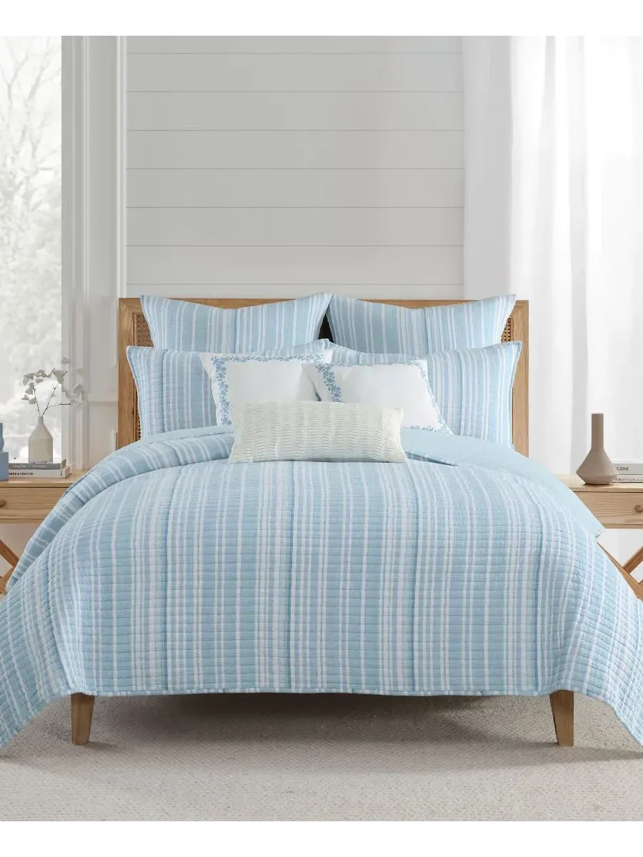 Комплект постельного белья Home Boracay Stripe Muslin Textured из 3 предметов, размер King Levtex — изображение 2 из 7, синий