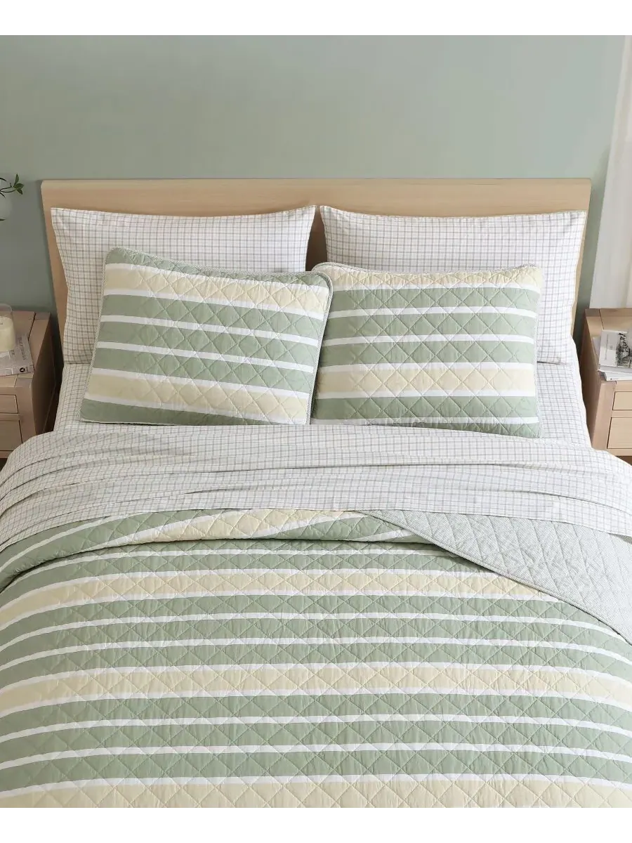 Комплект постельного белья Varadero Stripe из хлопка, двусторонний, 3 предмета, размер King — изображение 3 из 8, зеленый