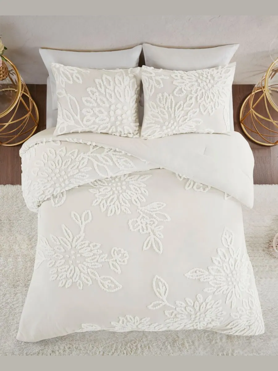 Комплект постельного белья Veronica Floral Tufted из 3 предметов, размер King/California King — изображение 3 из 10, белый
