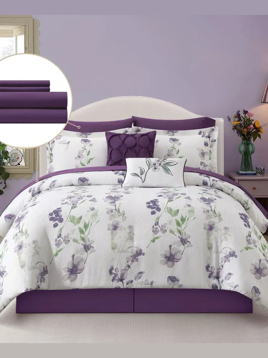 Комплект постельного белья Kinton Floral, 10 предметов, Queen Stratford Park — изображение 2 из 10, белый фиолетовый
