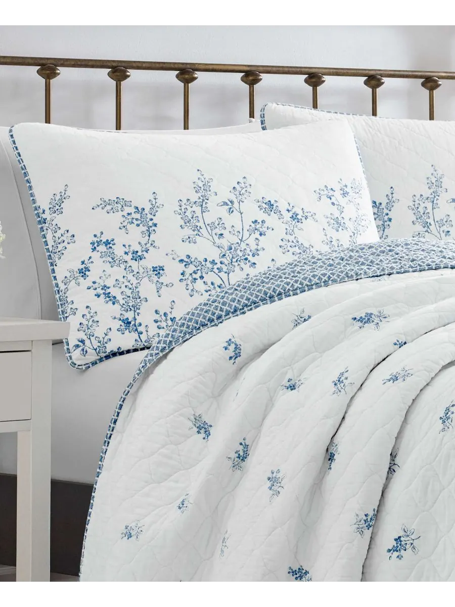 Комплект из трех двусторонних стеганых одеял flora cotton, размер full/queen. Laura Ashley — изображение 5 из 9, синий