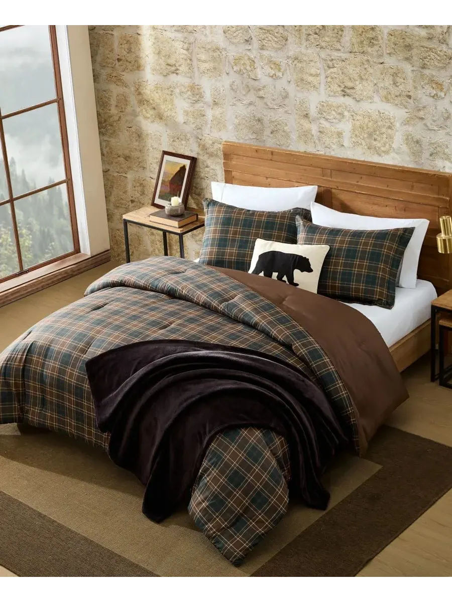 Комплект постельного белья Huntley Plaid из микрофибры, 3 предмета, размер King Eddie Bauer — изображение 3 из 8, коричневый