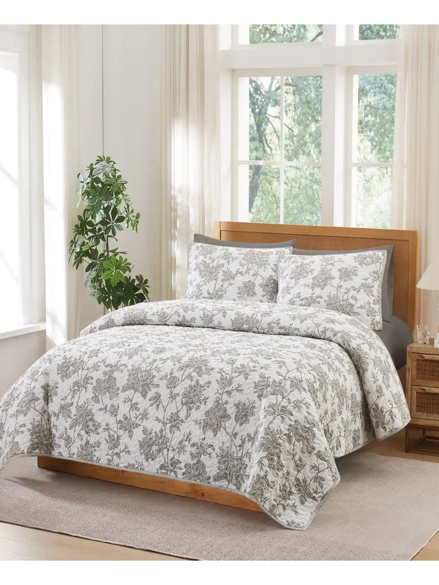Комплект стеганого покрывала Mila Floral, 3 предмета, full/queen Brooklyn Loom — изображение 2 из 5, белый серый