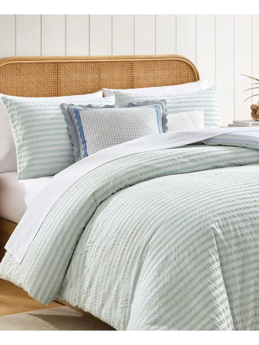 Комплект пододеяльников с полосатым принтом Seersucker Stripe Peri Home — изображение 2 из 8, зеленый синий