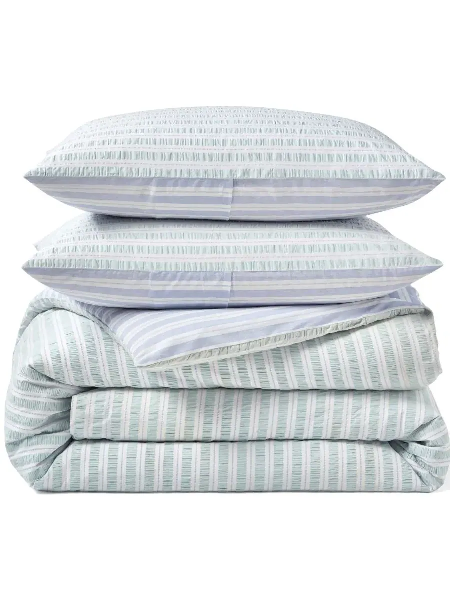 Комплект пододеяльников с полосатым принтом Seersucker Stripe Peri Home — изображение 3 из 8, зеленый синий