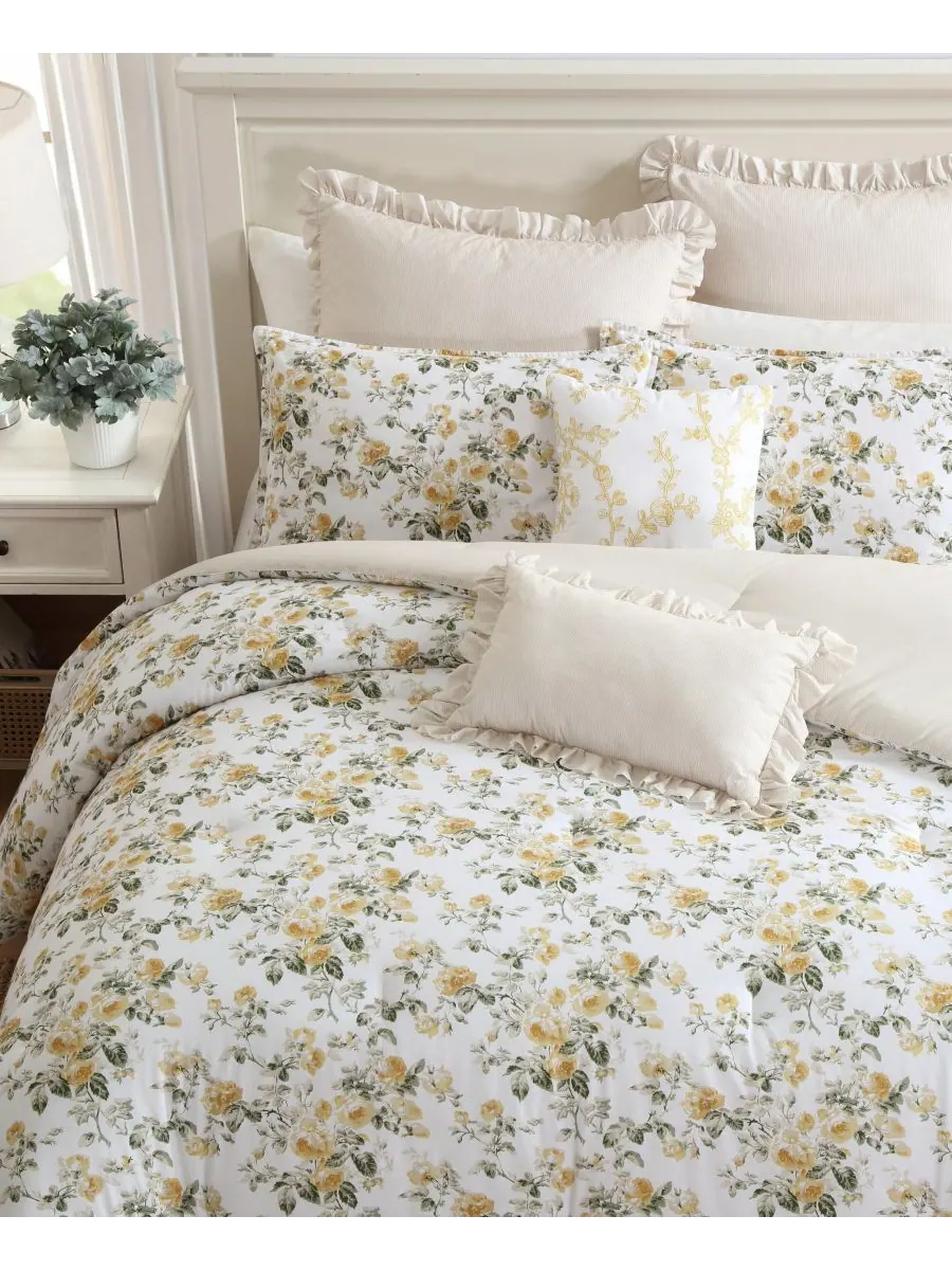 Комплект постельного белья «Розы» из атласа, 2 предмета, размер Twin Laura Ashley — изображение 2 из 8, золотистый/зеленый